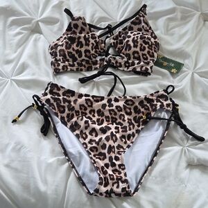 Leopard Print Tie-Side Bikini Set - Black & Beige
